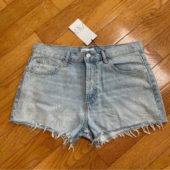 ZARA Rhinestone Fireworks Blue Denim Ripped Jean Shorts Sz 40/ US 8 - Picture 4 of 13